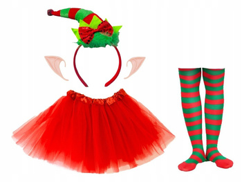 STRÓJ ELFA SKRZATA SPÓDNICZKA TUTU CZERWONA 30cm OPASKA Z DZWONKIEM i USZY