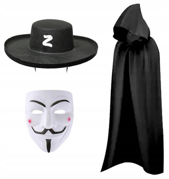 ZESTAW STRÓJ VENDETTA ANONYMOUS PELERYNA CZARNA 140cm + MASKA + KAPELUSZ