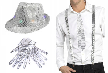 KAPELUSZ CEKINOWY SREBRNY + SZELKI + KRAWAT RĘKAWICZKI