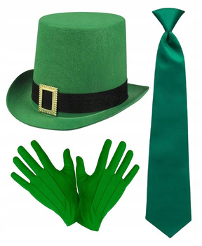 ZIELONA CZAPKA CYLINDER Z KLAMRĄ DZIEŃ ŚWIĘTEGO PATRYKA KRAWAT RĘKAWICZKI