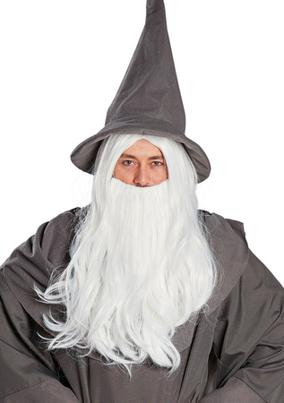 STRÓJ KOSTIUM MNICH MAG CZARODZIEJ GANDALF LASKA KOSTUR KAPELUSZ PERUKA
