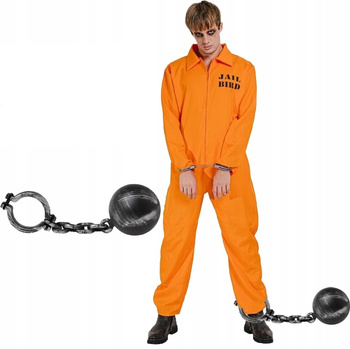 STRÓJ KOMBINEZON WIĘŹNIA SKAZAŃCA WIĘZIEŃ KOSTIUM M + KULA Z ŁAŃCUCHEM
