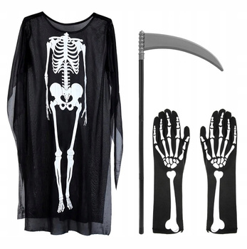 STRÓJ KOSTUCHA ŚMIERĆ 120cm PELERYNA KOSA SKŁADANA DUŻA RĘKAWICZKI KOŚCI