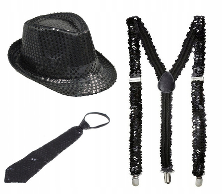 ZESTAW CZARNY KAPELUSZ CEKINOWY FEDORA KRAWAT SZELKI BLACK CEKIN DISCO