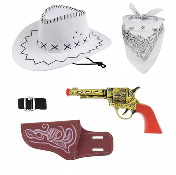 KAPELUSZ KOWBOJ BIAŁY ELASTYCZNY DLA DZIECKA + BANDAMA REWOLWER KABURA