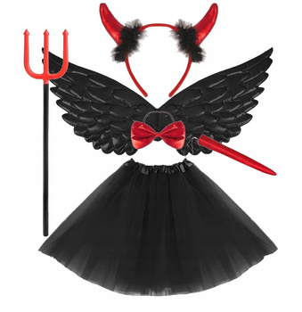 KOSTIUM DIABLICA DIABEŁ STRÓJ WIDŁY ROGI DLA DZIECKA TUTU 30cm + SKRZYDŁA