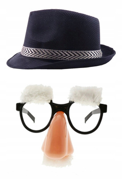 STRÓJ DZIADEK ZESTAW KAPELUSZ + OKULARY Z NOSEM SIWE WĄSY I BRWI