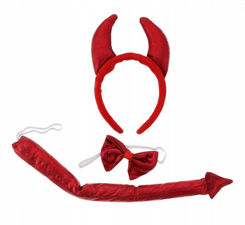 ZESTAW CZERWONY DIABEŁ ROGI DIABŁA SATYNOWY OPASKA OGON MUSZKA DO STROJU