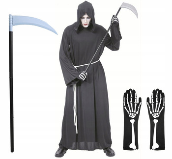 STRÓJ KOSTIUM ŚMIERĆ KOSTUCHA DLA DOROSŁYCH + KOSA I RĘKAWICZKI KOŚCI