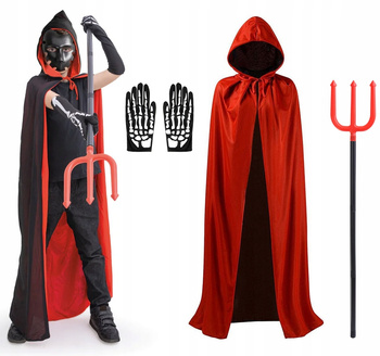 STRÓJ DIABEŁ DIABLICA PELERYNA 120 CZARNA CZERWONA WIDŁY RĘKAWICZKI KOŚCI