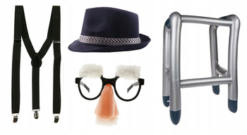 STRÓJ DZIADEK KAPELUSZ DMUCHANY BALKONIK OKULARY SIWE WĄSY BRWI SZELKI