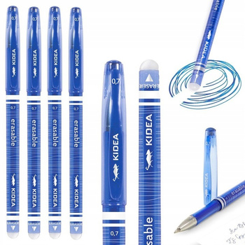 4x Długopis wymazywalny Kidea niebieski zmazywalny 0,7 do szkoły z gumką