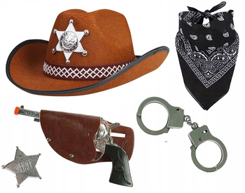 ZESTAW SZERYF KOWBOJ KAPELUSZ DZIECIĘCY BRĄZOWY BANDAMA PISTOLET KABURA