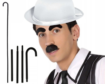 BIAŁY MELONIK BRWI WĄSY I SKŁADANA LASKA 100cm DO STROJU CHARLIE CHAPLIN