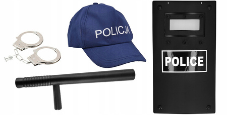 CZAPKA POLICYJNA PAŁKA TONFA KAJDANKI TARCZA STRÓJ POLICJANT ANTYTERRORYSTA