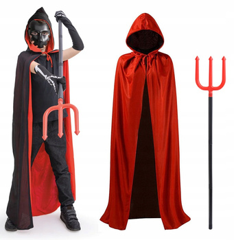 STRÓJ DIABEŁ DIABLICA PELERYNA DWUSTRONNA 140 CZARNA CZERWONA + DUŻE WIDŁY