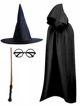 RÓŻDŻKA 44cm PELERYNA 80cm KAPELUSZ OKULARY STRÓJ CZARODZIEJ MAGIK