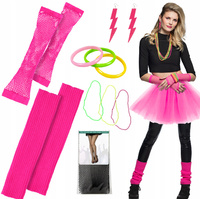 STRÓJ DISCO TUTU RÓŻOWE NEON RĘKAWICZKI OCIEPLACZE KOLCZYKI LATA 80