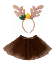 STRÓJ RENIFER ZŁOTY BEŻOWY OPASKA Z ROGAMI + SPÓDNICZKA TIULOWA TUTU BRĄZ