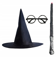 ZESTAW RÓŻDŻKA ŚWIECĄCA + OKULARY KAPELUSZ STRÓJ CZARODZIEJ WIEDŹMA MAG
