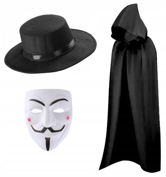 ZESTAW STRÓJ VENDETTA ANONYMOUS PELERYNA CZARNA 140cm MASKA KAPELUSZ SZEROK