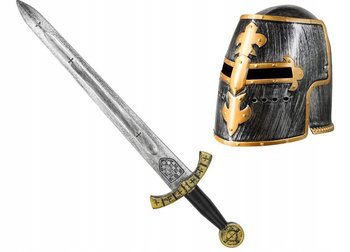 HEŁM Z PRZYŁBICĄ + MIECZ RYCERSKI STRÓJ RYCERZA SREBRNO ZŁOTY ŚREDNIOWIECZE