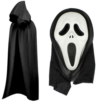 ZESTAW STRÓJ PELERYNA CZARNA Z KAPTUREM 80cm + MASKA PIANKOWA KRZYK