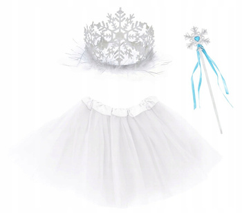 STRÓJ KOSTIUM ŚNIEŻYNKA TIARA BIAŁA SPÓDNICZKA TUTU + RÓŻDŻKA PŁATKI ŚNIEGU