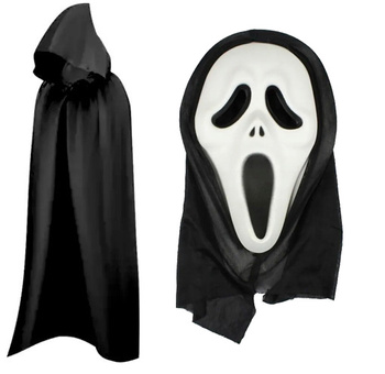 ZESTAW STRÓJ PELERYNA CZARNA Z KAPTUREM 80cm + MASKA PIANKOWA KRZYK