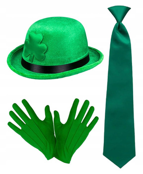 ZESTAW KAPELUSZ MELONIK ZIELONY ŚW PATRYK KONICZYNKA KRAWAT RĘKAWICZKI
