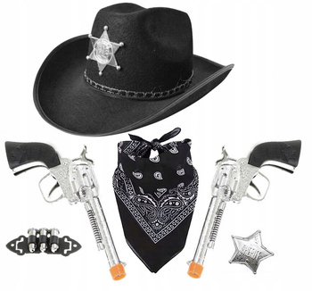 DZIECIĘCY ZESTAW SZERYF KOWBOJ KAPELUSZ BANDAMA CZARNA PISTOLETY ODZNAKA