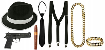 STRÓJ MAFIA GANGSTER KAPELUSZ CZARNY KRAWAT SZELKI CYGARO PISTOLET ŁAŃCUCH