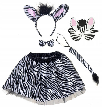 STRÓJ KOSTIUM ZEBRA ZESTAW SPÓDNICZKA TUTU OPASKA OGON + MASKA FILCOWA