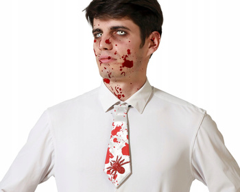KRÓTKI KRAWAT BIAŁY PAJĄK KREW NA GUMCE HALLOWEEN PLAMY KRWI ZOMBIE UNISEX