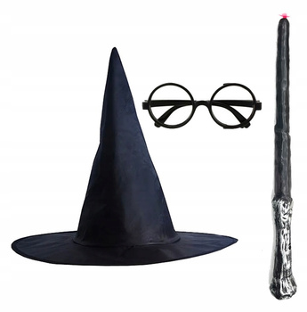ZESTAW RÓŻDŻKA ŚWIECĄCA + OKULARY KAPELUSZ STRÓJ CZARODZIEJ WIEDŹMA MAG