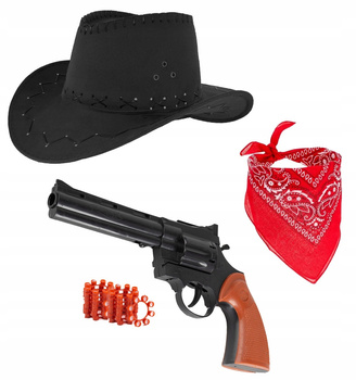 ZESTAW STRÓJ KOWBOJA KAPELUSZ CZARNY BANDAMA REWOLWER + KAPISZONY