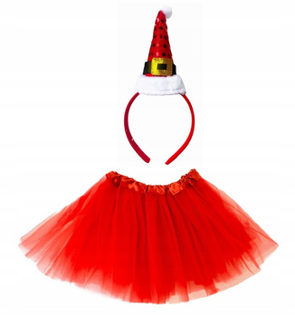 STRÓJ MIKOŁAJKI SPÓDNICZKA TUTU CZERWONA 40cm + OPASKA Z CZAPECZKĄ MIKOŁAJ