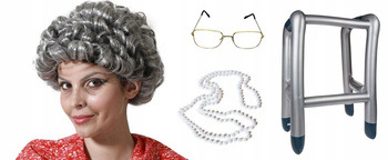 ZESTAW STRÓJ BABCIA STARUSZKA EMERYT BALKONIK DMUCHANY PERUKA OKULARY PERŁY