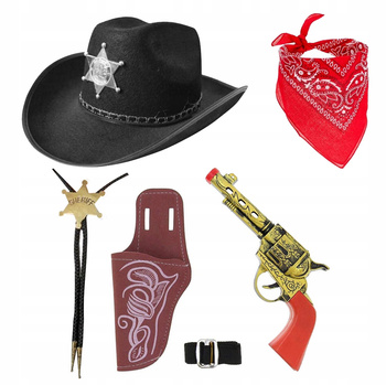 KAPELUSZ KOWBOJ CZARNY BANDAMA REWOLWER KABURA + NASZYJNIK SZERYF GWIAZDA