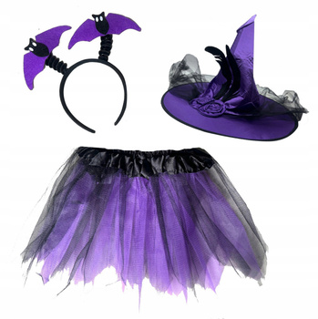 STRÓJ CZAROWNICA WIEDŹMA OPASKA NIETOPERZ KAPELUSZ FIOLET SPÓDNICZKA TUTU