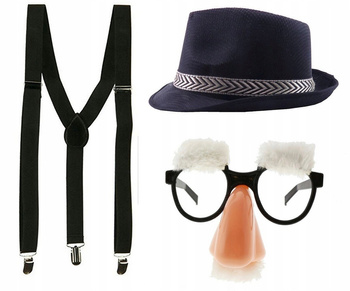 STRÓJ DZIADEK ZESTAW KAPELUSZ + OKULARY Z NOSEM SIWE WĄSY BRWI SZELKI
