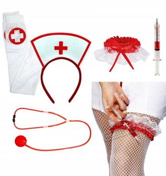 STRÓJ PIELĘGNIARKA OPASKA STETOSKOP PODWIĄZKA DŁUGOPIS STRZYKAWKA 4 ELEMENT