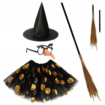 STRÓJ CZAROWNICA WIEDŹMA HALLOWEEN KAPELUSZ OKULARY NOS MIOTŁA TUTU DYNIA