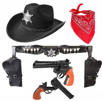 ZESTAW STRÓJ KOWBOJ KAPELUSZ DZIECIĘCY SZERYF BANDAMA KABURA 2 REWOLWERY