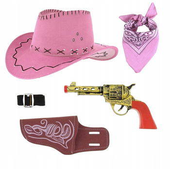 KAPELUSZ KOWBOJSKI JASNY RÓŻ DZIECIĘCY STRÓJ KOWBOJ SZERYF CHUSTA PISTOLET