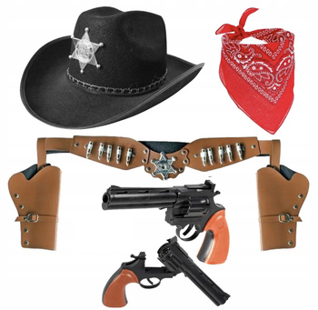 ZESTAW STRÓJ KOWBOJ KAPELUSZ DZIECIĘCY SZERYF BANDAMA KABURA 2 REWOLWERY