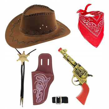 KAPELUSZ KOWBOJ BRĄZOWY DZIECIĘCY BANDAMA REWOLWER KABURA +NASZYJNIK SZERYF