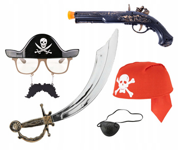 PIRACKIE REKWIZYTY DO FOTOBUDKI SZABLA OPASKA CZAPKA OKULARY STRZELBA PIRAT