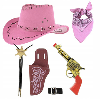 KAPELUSZ KOWBOJ RÓŻOWY DZIECIĘCY BANDAMA REWOLWER KABURA + NASZYJNIK SZERYF