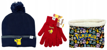 CZERWONE RĘKAWICZKI KOMIN + CZAPKA ZIMOWA POKEMON PIKACHU Z POMPONEM GRANAT